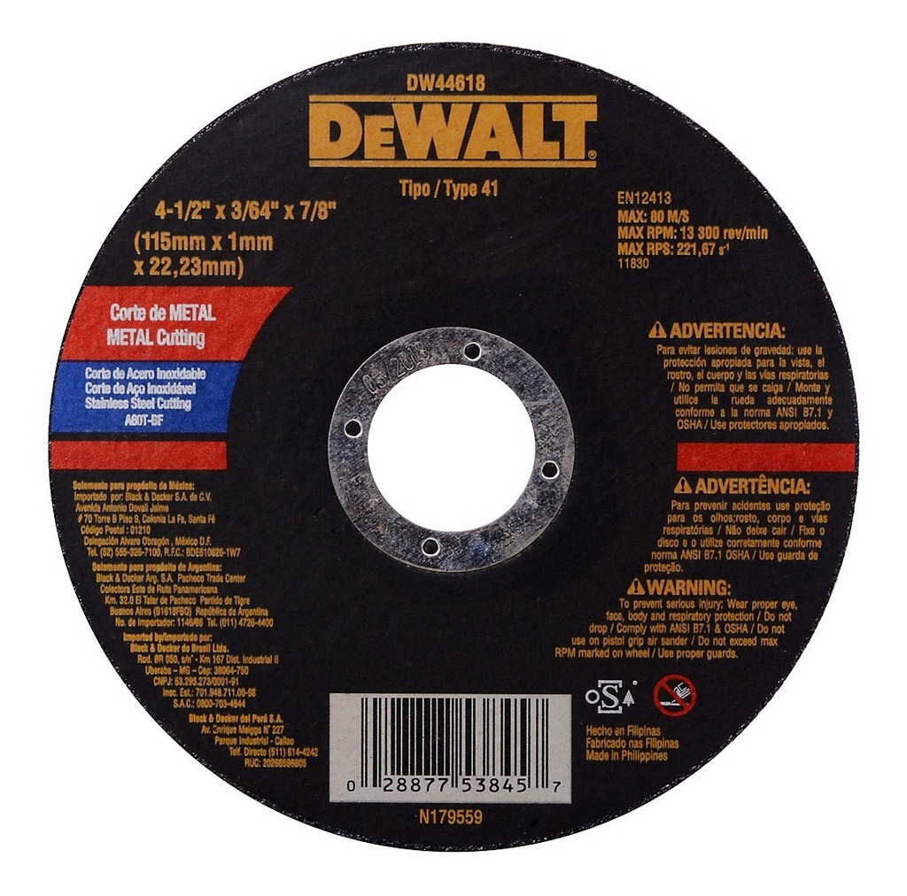 DEWALT Disco de corte para metal de 4½"x3/64"x 7/8"