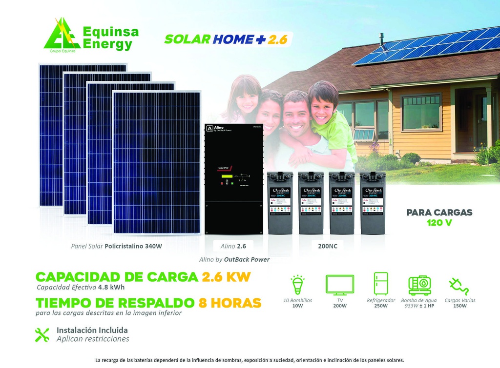 Sistema de 1 inversor / cargador de 2600W + 4 paneles solares de 340W + 4 baterías de 200Ah