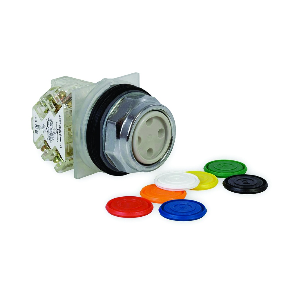 Pulsador con 7 colores intercambiables, sin iluminacion, metálico, 30mm, 1NA + 1NC, 10A, 600V, Harmony 9001K