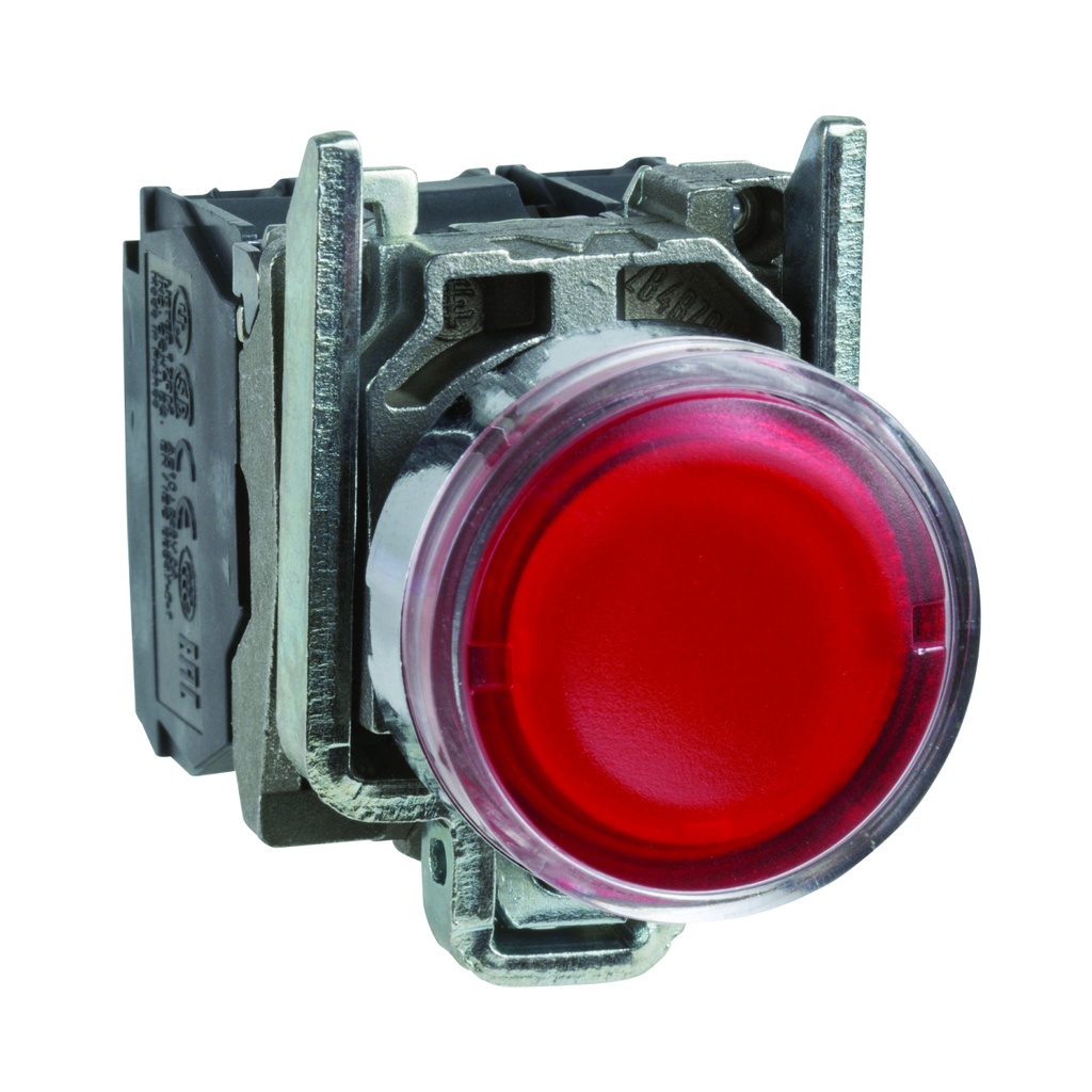 Pulsador iluminado LED integrado, rojo, metálico, 22mm, 1NA+ 1NC, 24V, Harmony XB4