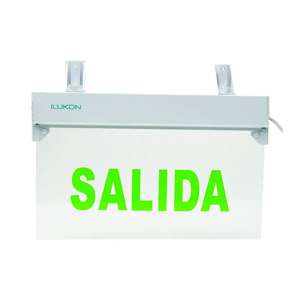 ILUKON Rótulo de salida LED, letras verdes "SALIDA", 100/277V, housing blanco, acrílico transparente, 90 minutos de autonomía