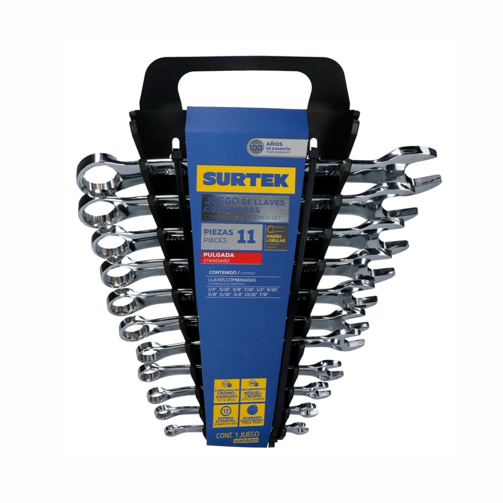 SURTEK Juego de 11 llaves combinadas pulido espejo métricas de 12 puntasen rack