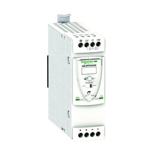 [AUT.01.399] ABL8RPS24030 Fuente de alimentación modo conmutador regulado para riel DIN, 1 o 2 fases, 3A, 200-500V AC, 24V