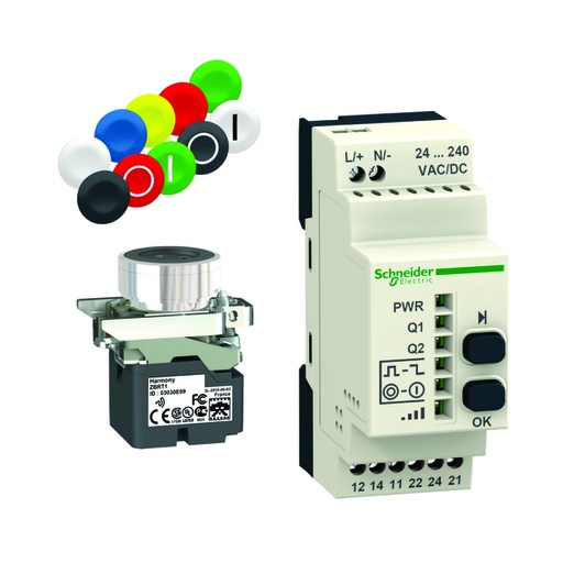 [AUT.04.082] [XB4RFA02] Kit programable de pulsador emisor inalámbrico con 10 colores de cubiertas y receptor metálico, 22mm, 24→240 V CA/CD, 2salidas de relé, Harmony XB4R