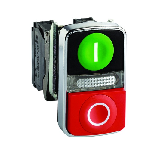 [AUT.04.127] [XB4BW84G5] Pulsador doble iluminado LED integrado, verde rasante/rojo saliente, luz amarilla, 22mm, 1NA + 1NC, 120V, Harmony XB4